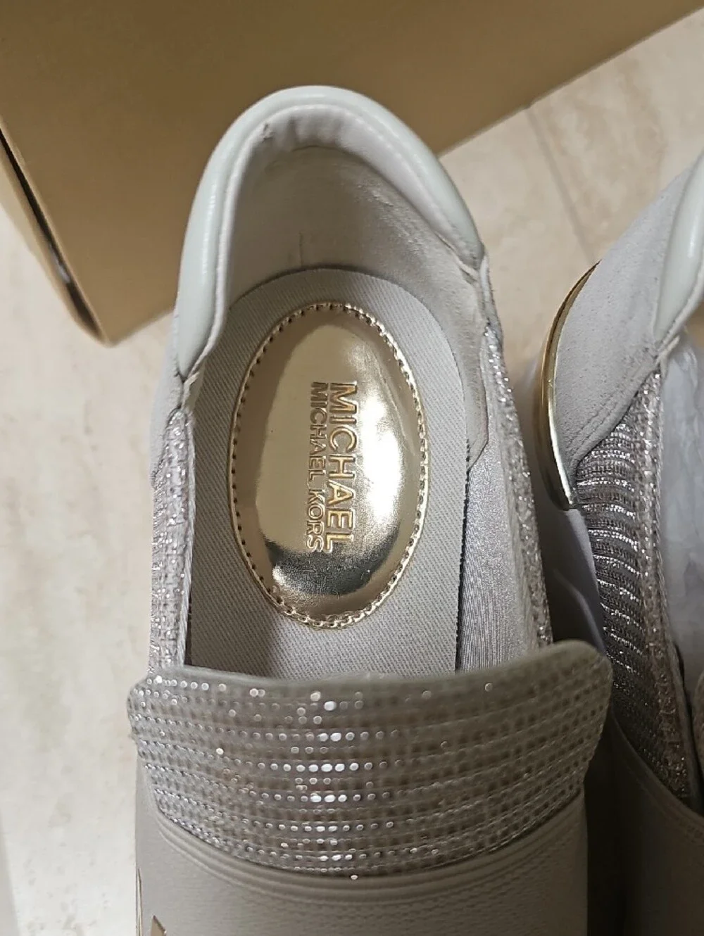 Michael Kors Beige and Gold Slip-On MK Trainer Sneakers